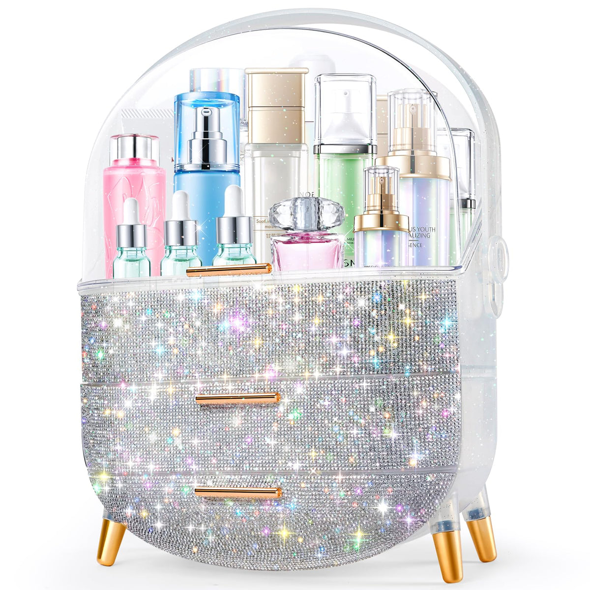 Ptesly teen makeup organizer top compartment stores tall bottles neatly for easy access.