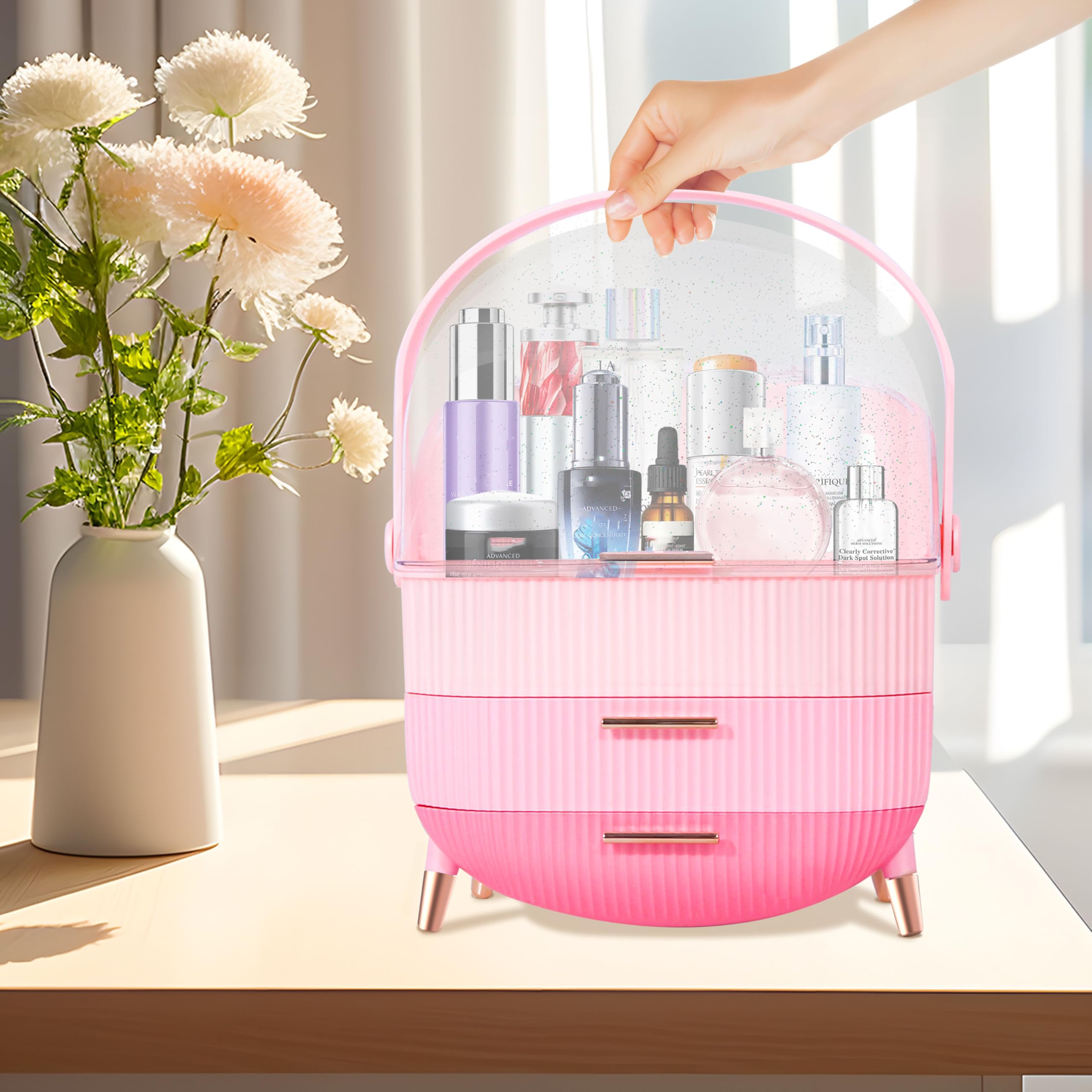 Ptesly triple pink organizer bottom drawers hold lipsticks, eyeshadows, and small jewelry