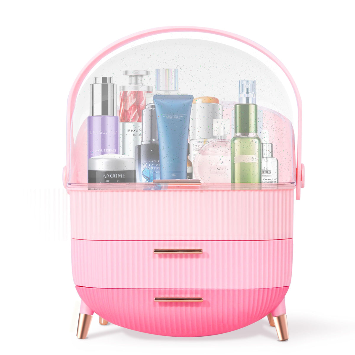 Ptesly triple pink makeup organizer top compartment stores tall bottles for easy access
