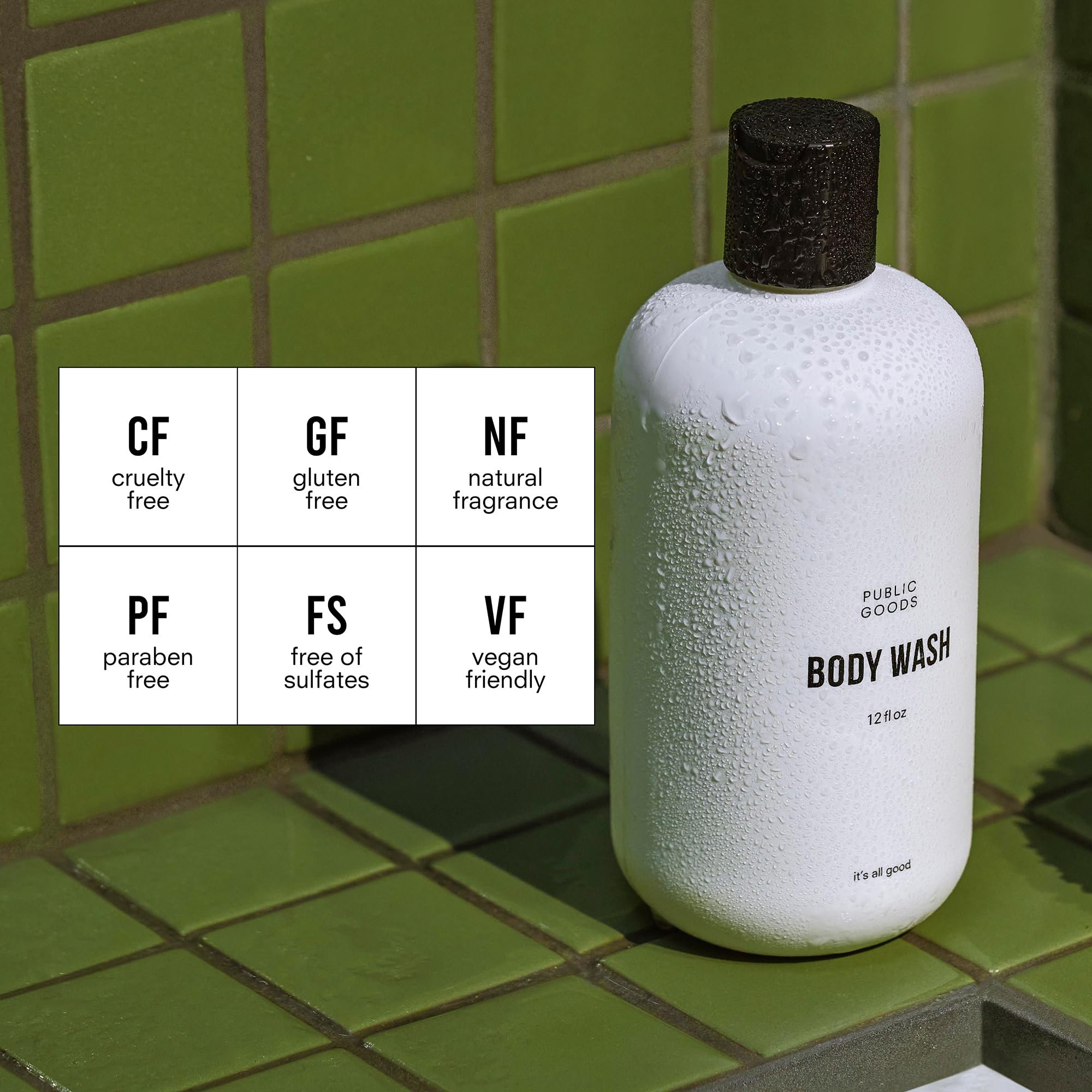 Public Goods Body Wash lather emphasizes gentle cleansing with essential oils.