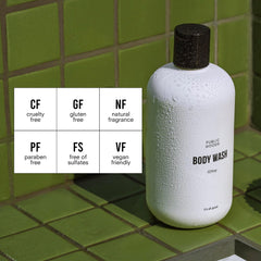 Public Goods Body Wash lather emphasizes gentle cleansing with essential oils.