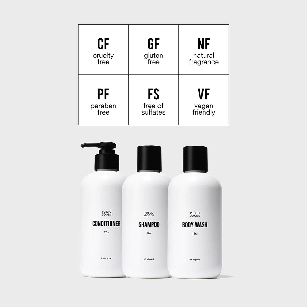 Public Goods conditioner bottle side highlights hydrating formula to protect hair from environmental damage