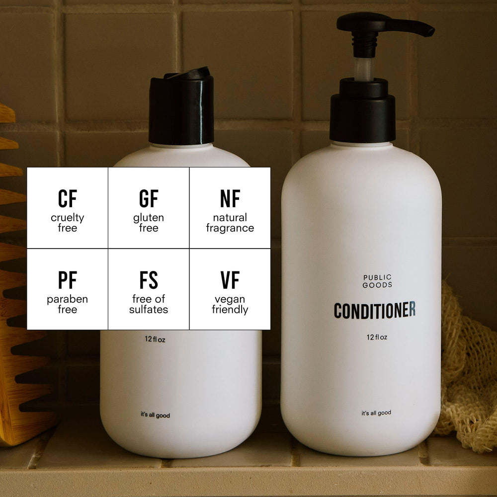 Public Goods conditioner hair application shows detangling and smoothness on wet hair.