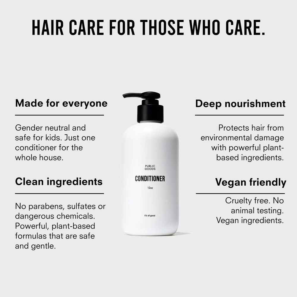 Public Goods conditioner with shampoo pair on shelf for citrus-scented routine.