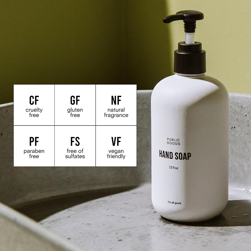 Public Goods Hand Soap dispenser pump close-up highlighting easy-to-use pump for quick cleansing