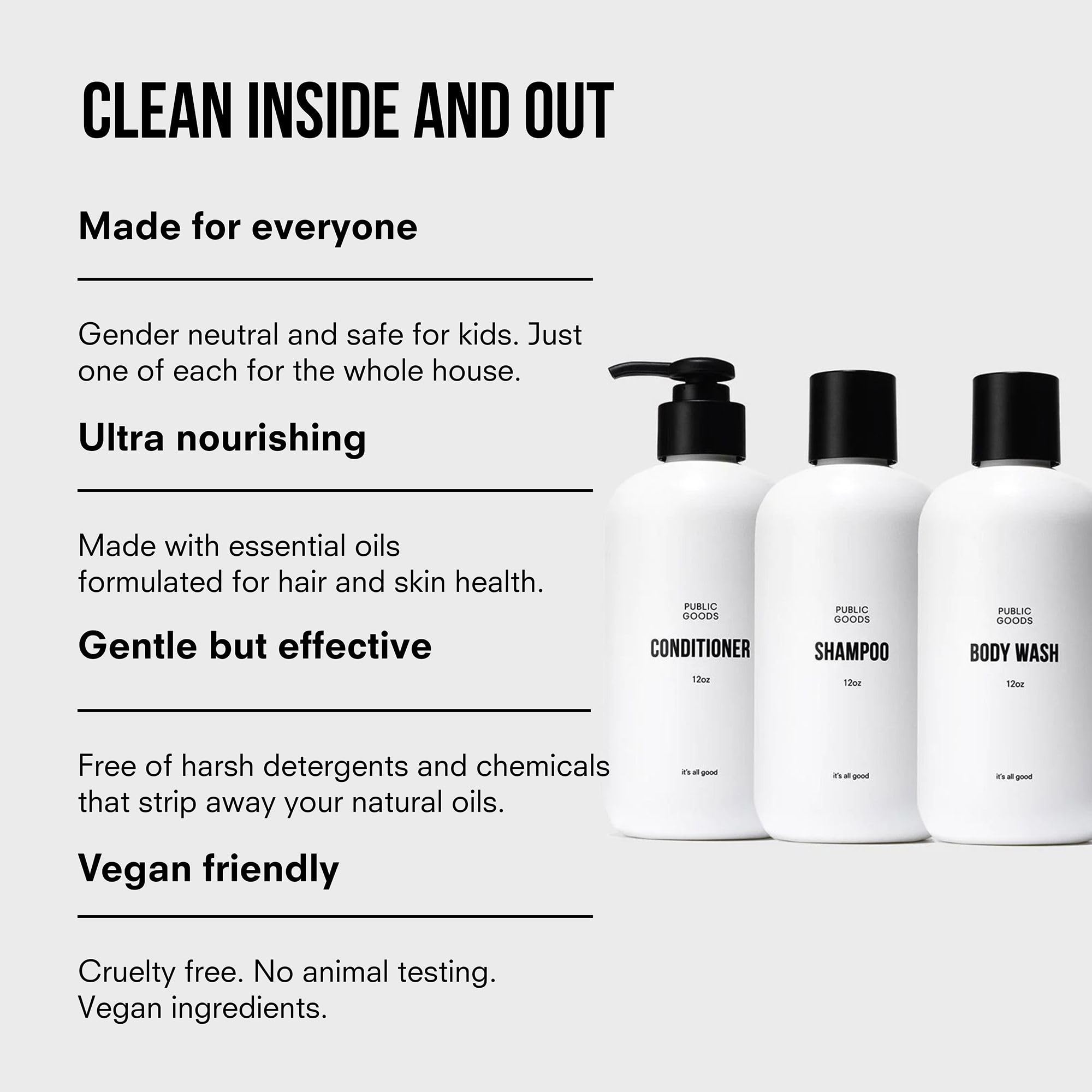 Public Goods packaging recycled plastic display emphasizes cruelty-free sustainability and responsible packaging
