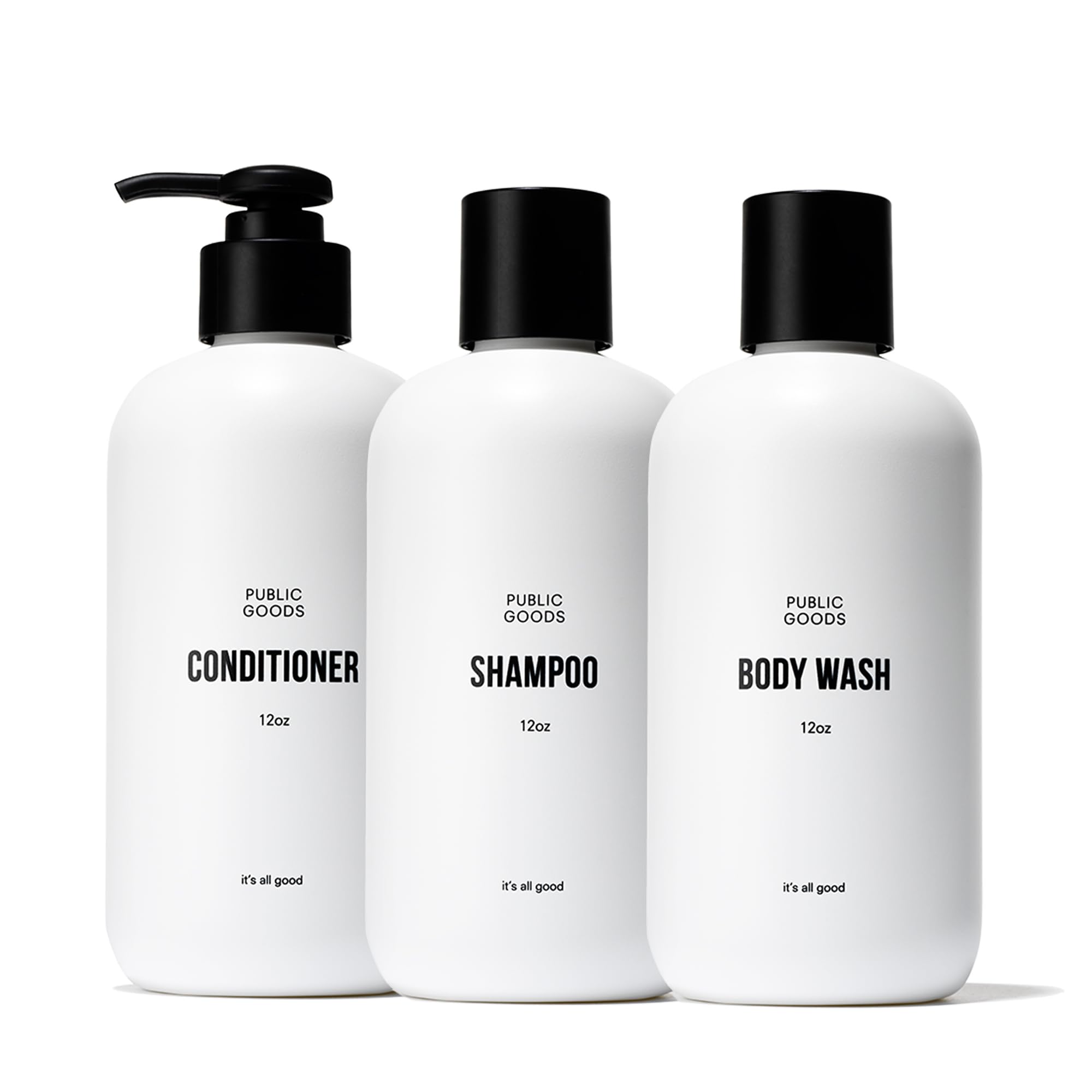 Public Goods shampoo bottle pour shows gentle cleansing with essential oils for everyday hair care