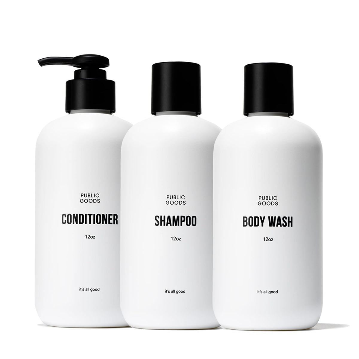 Public Goods shampoo bottle pour shows gentle cleansing with essential oils for everyday hair care