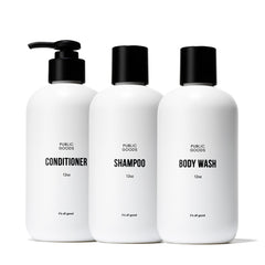 Public Goods shampoo bottle pour shows gentle cleansing with essential oils for everyday hair care