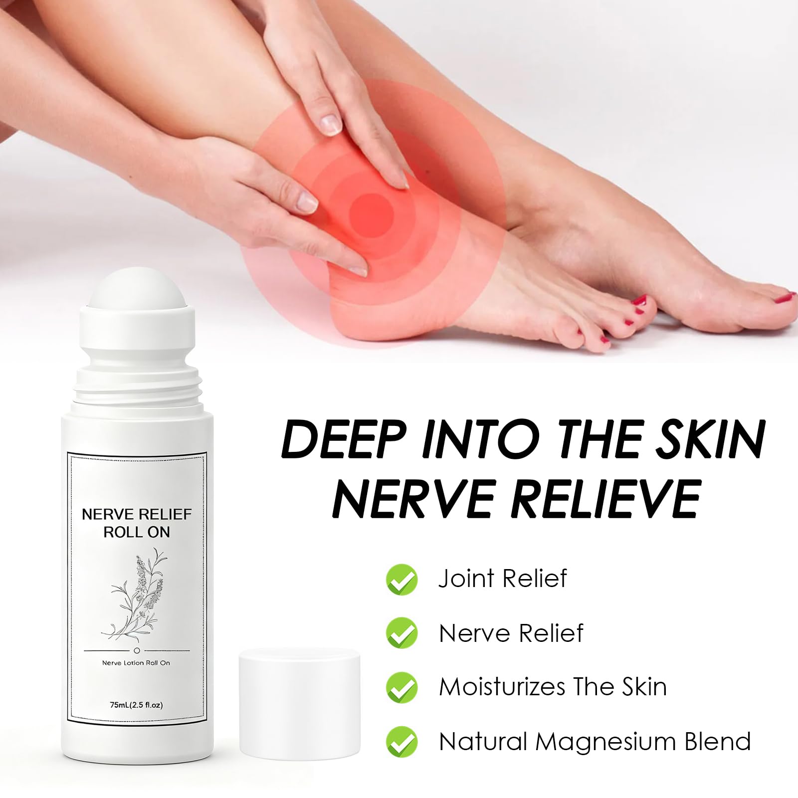 Pucges Nerve Relief Roll On application roller for targeted foot and leg relief.