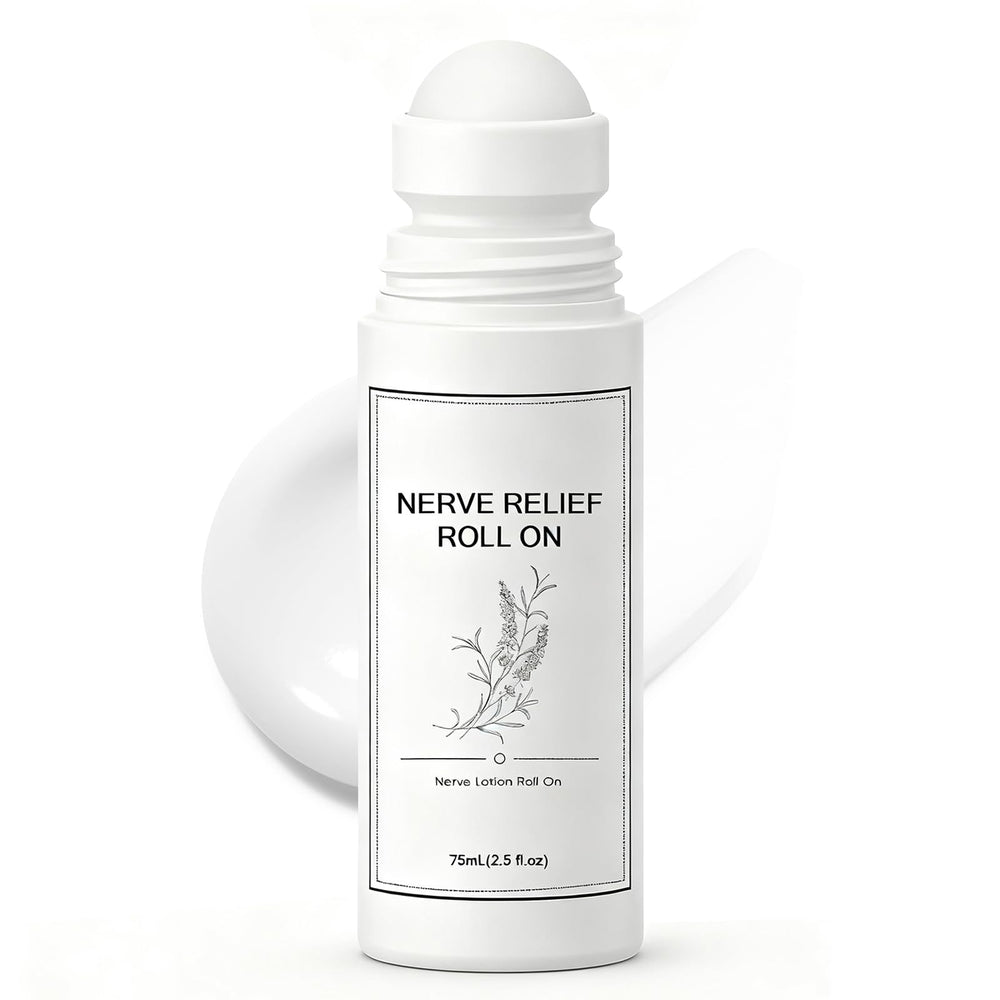 Pucges Nerve Relief Roll On bottle shows fast-absorbing, non-greasy magnesium and menthol.