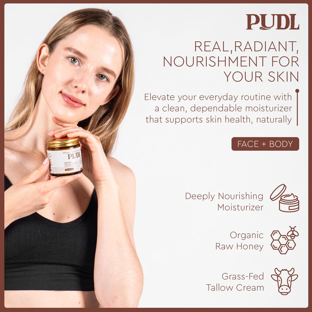 PUDL beef tallow honey cream bottle pours to illustrate lightweight absorption