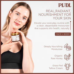 PUDL beef tallow honey cream bottle pours to illustrate lightweight absorption