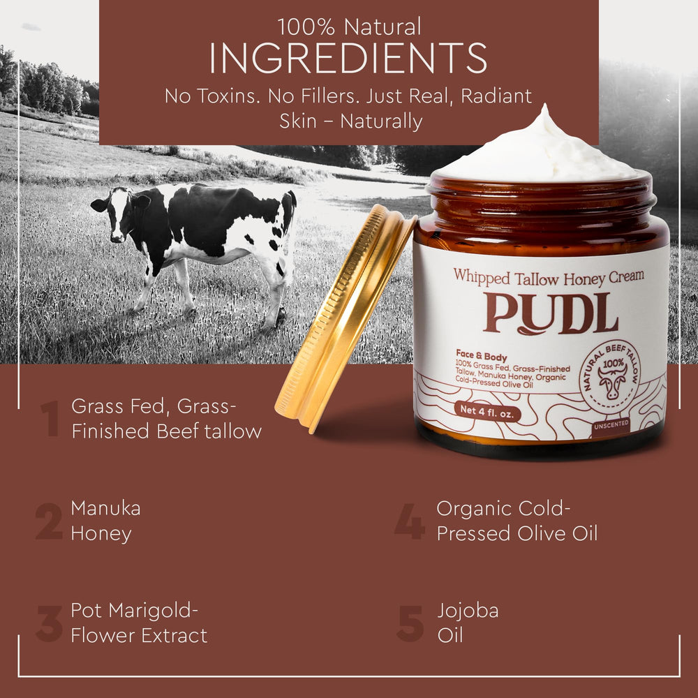 PUDL natural ingredients sign showing no toxins, fillers, scents or preservatives