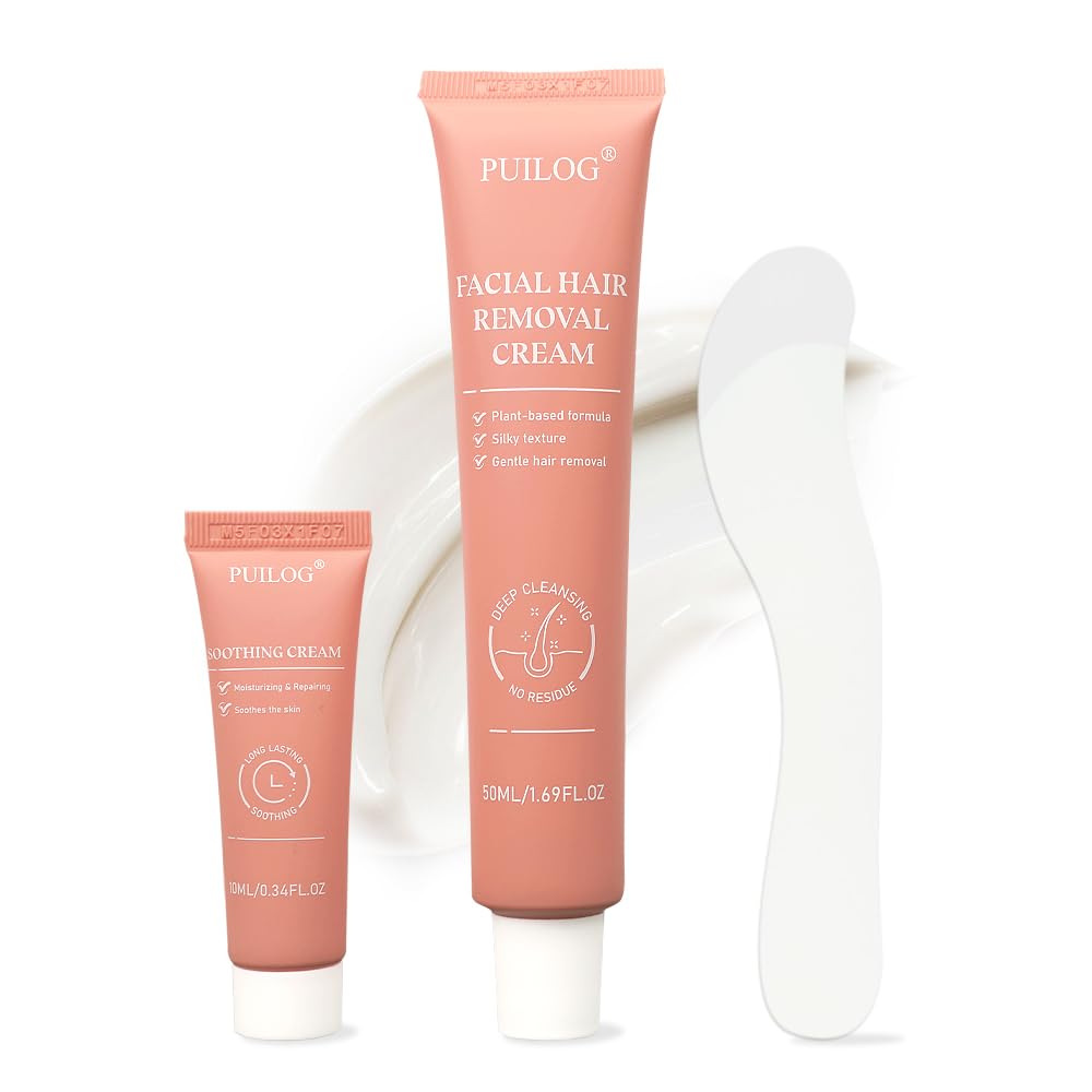 PUILOG facial hair removal kit packaging showing two‑in‑one formula for sensitive skin