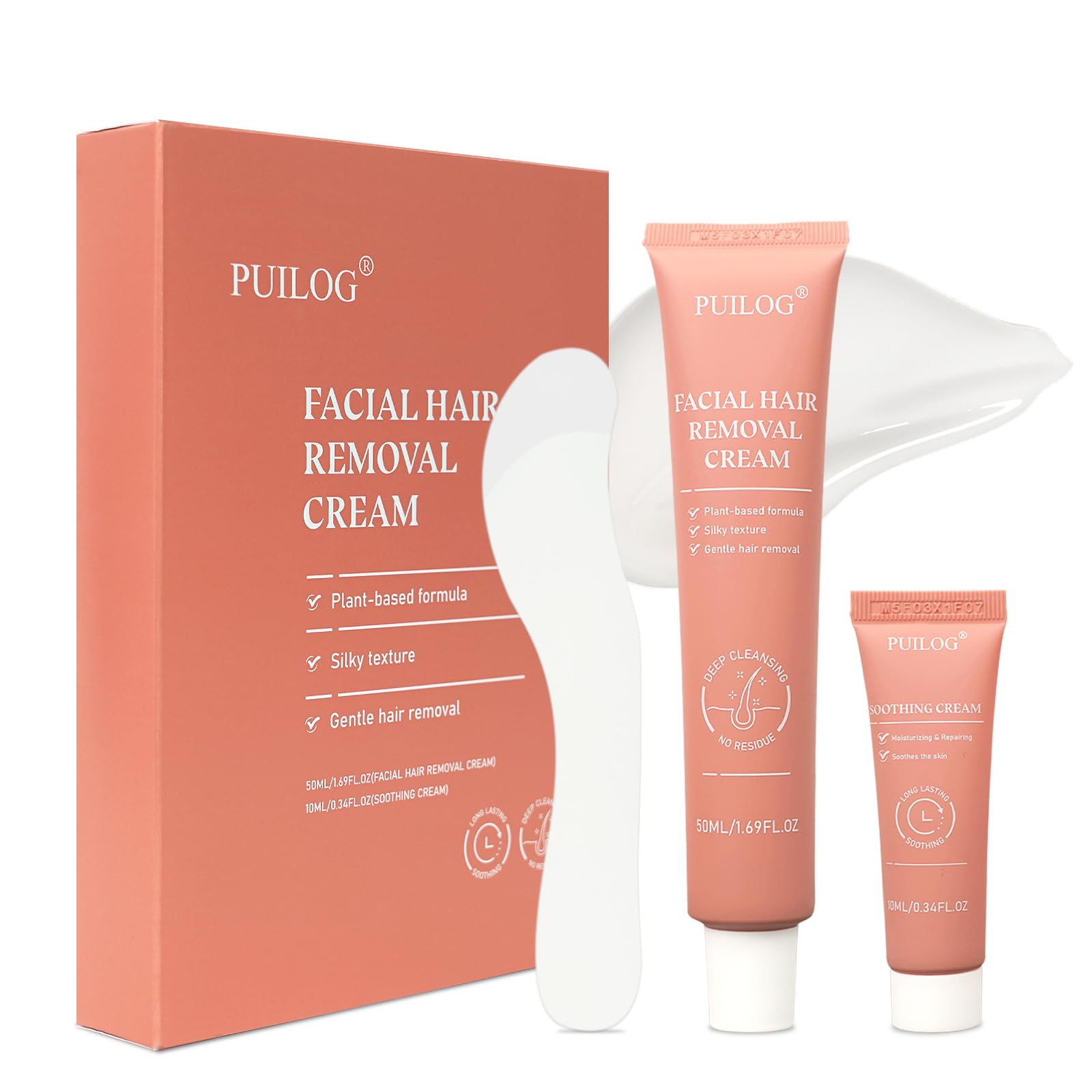 PUILOG facial-hair-removal-cream with soft-touch spatula for precise, mess-free application.
