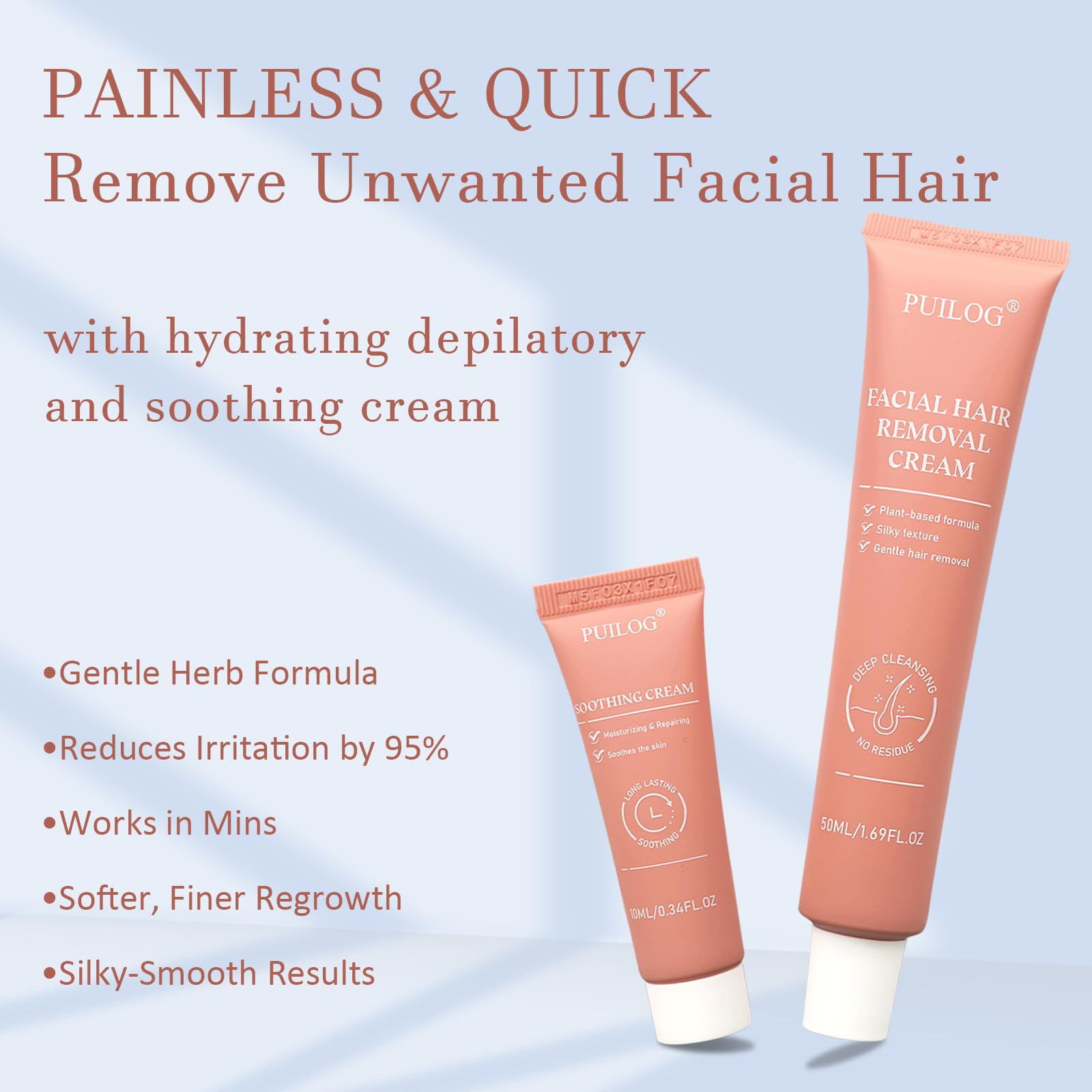 PUILOG hydrating-depilatory-cream bottle close-up shows soothing aloe vera for gentle removal.