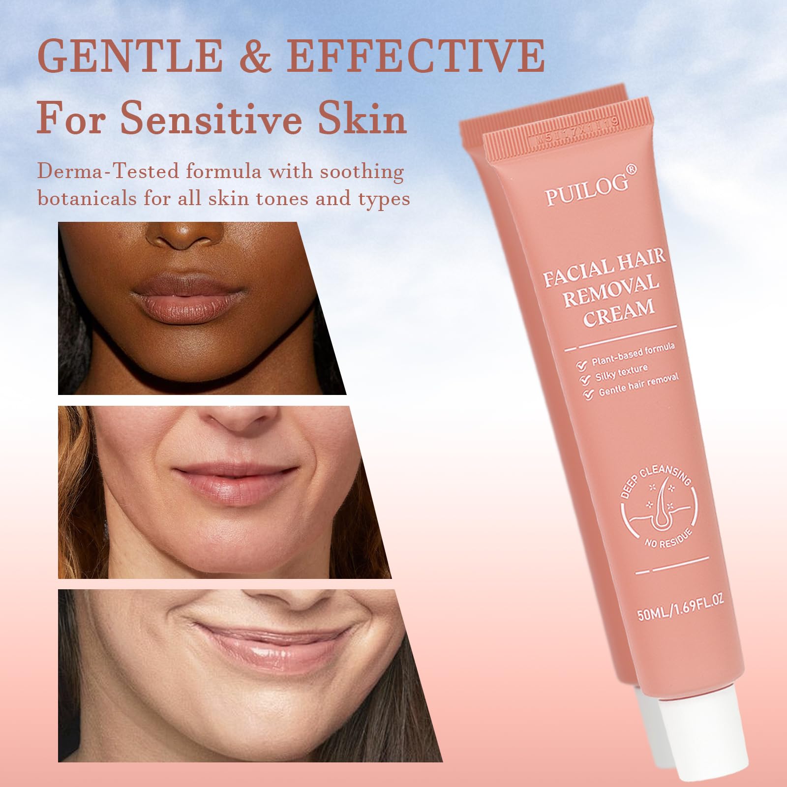 PUILOG sensitive-skin-removal shot shows gentle peach fuzz reduction.