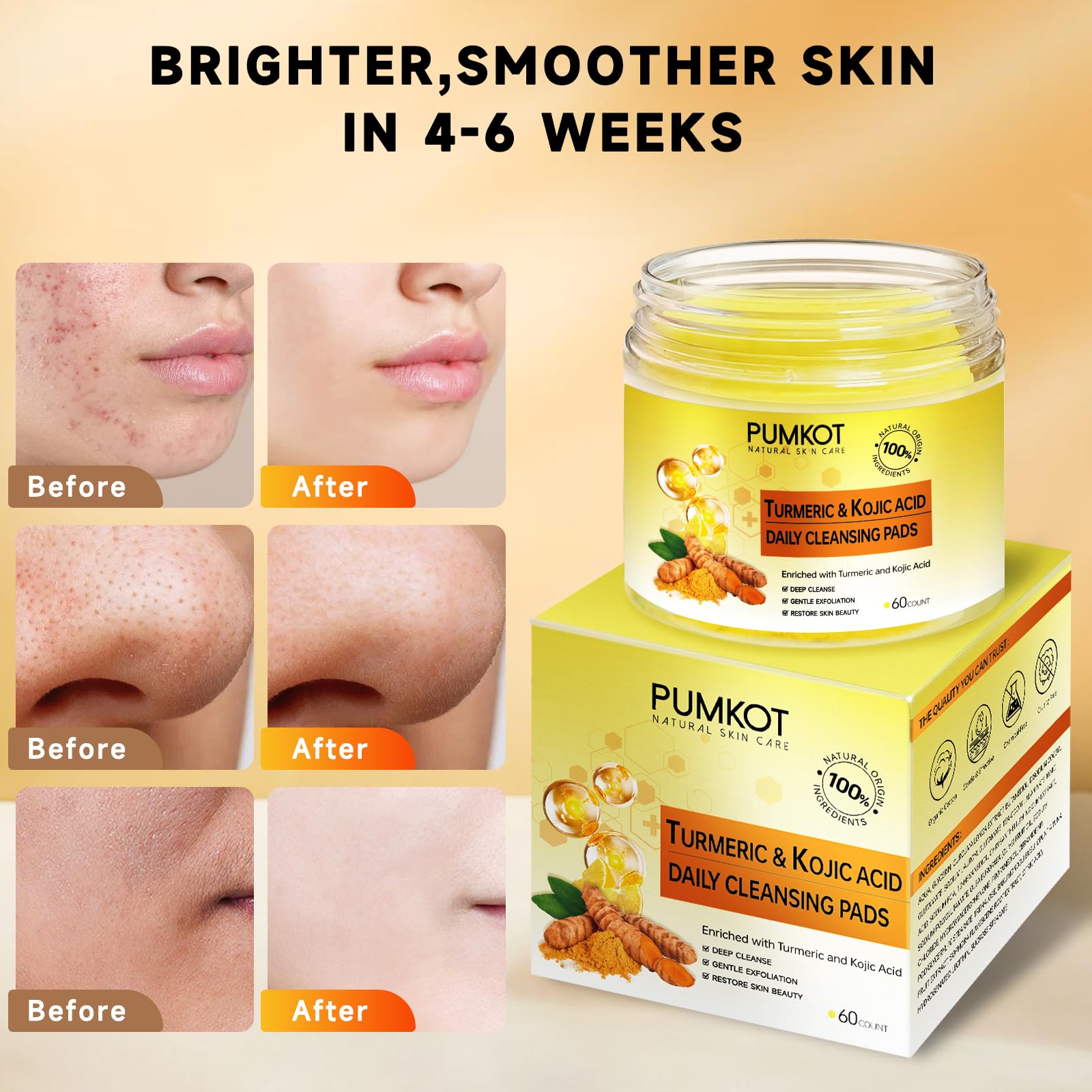 Pumkot kojic-turmeric pads in-use close-up for makeup removal and pore cleansing.