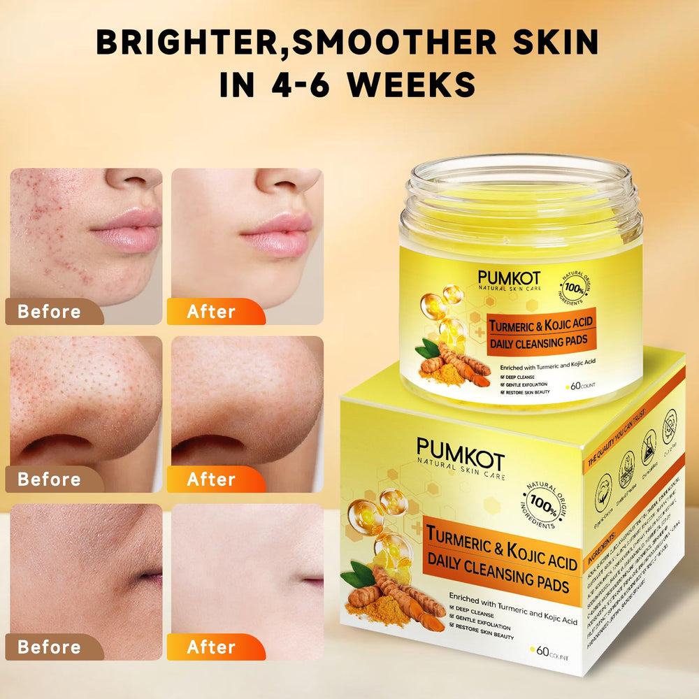 Pumkot kojic-turmeric pads in-use close-up for makeup removal and pore cleansing.