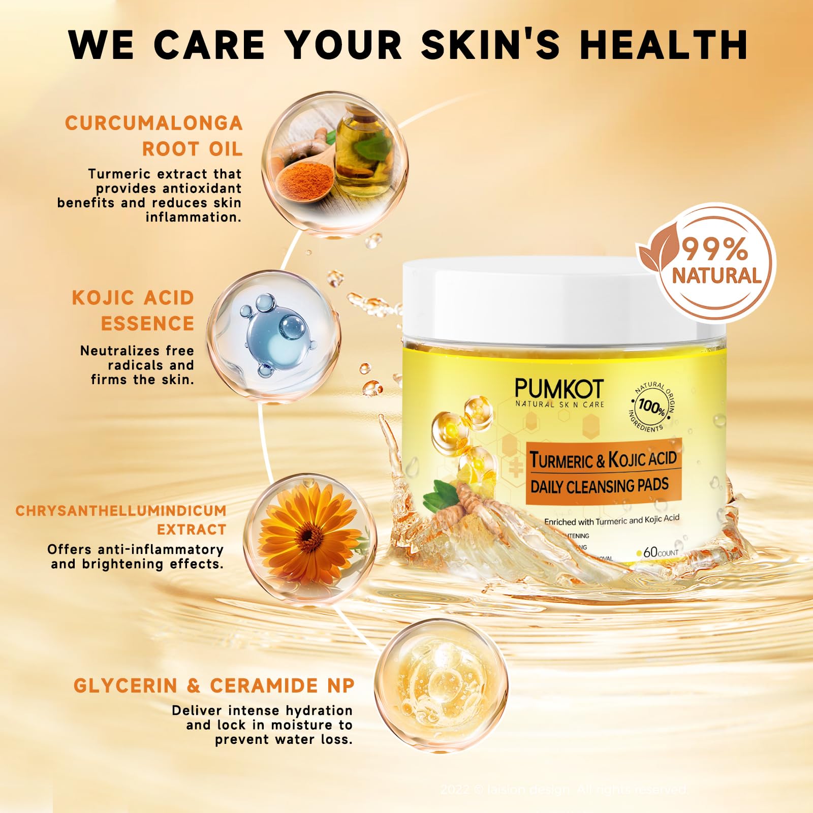 Pumkot turmeric Kojic acid cleansing pads texture close-up for gentle exfoliation.