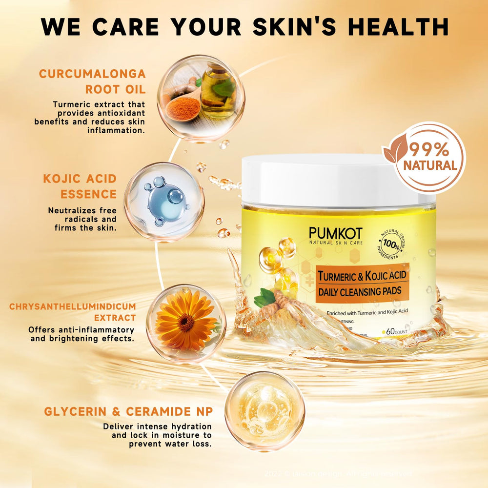 Pumkot turmeric Kojic acid cleansing pads texture close-up for gentle exfoliation.