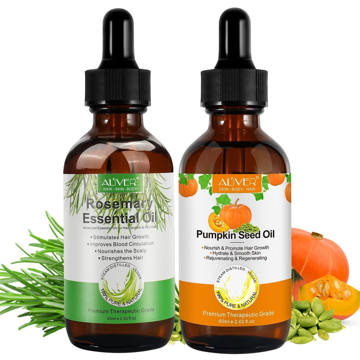 Pumpkin Seed Oil bottle demonstrates hair-growth support for a healthy scalp.
