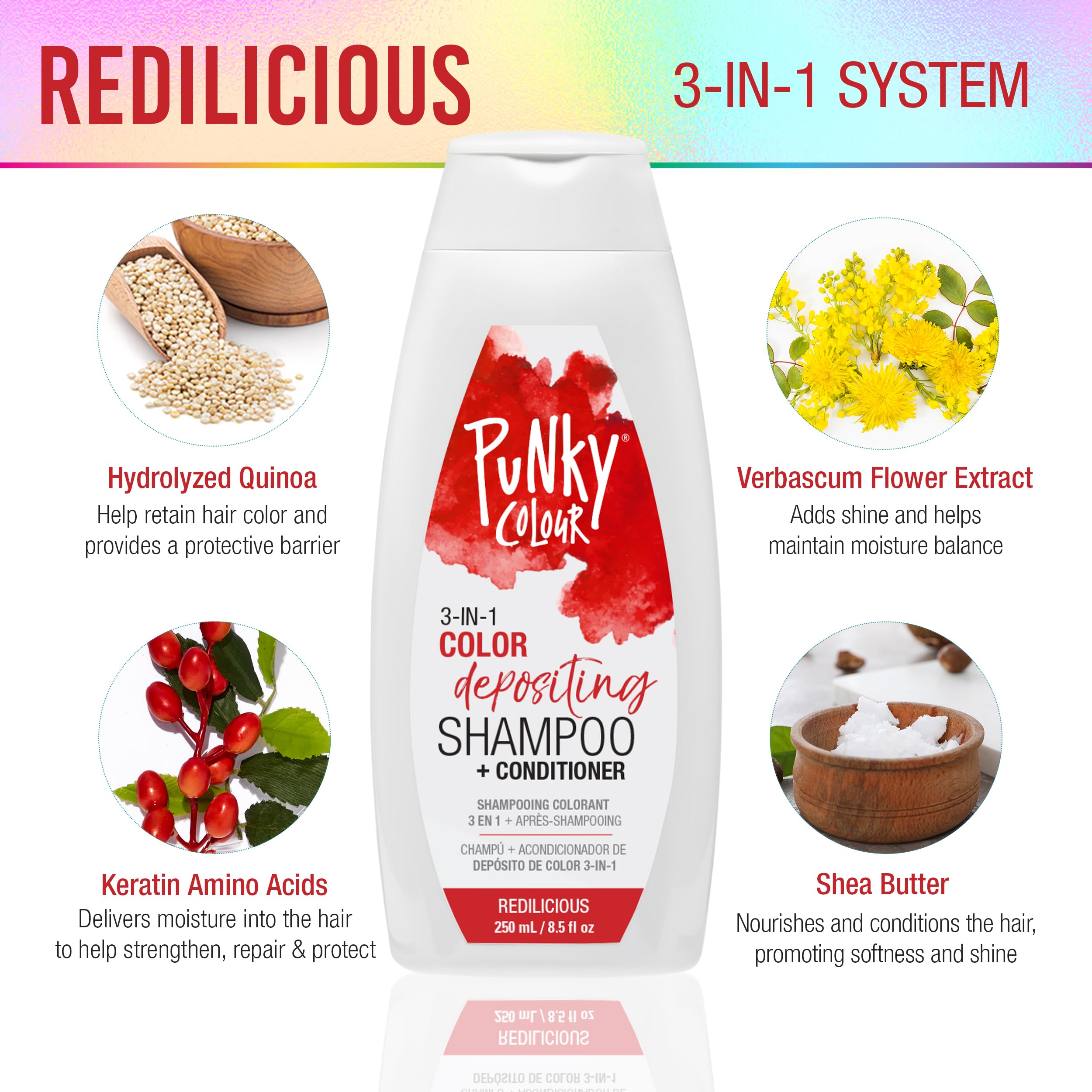 Punky Colour 3-in-1 Redilicious ingredient blend highlights keratin amino acids and quinoa for hair strength.