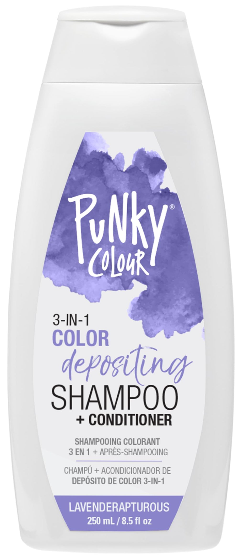 Punky Colour Lavenderapturous bottle pour demonstrates 3-in-1 cleansing, color depositing, conditioning.