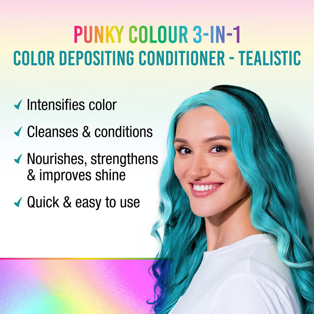 Punky Colour Tealistic label close-up highlighting vegan-friendly formulation.