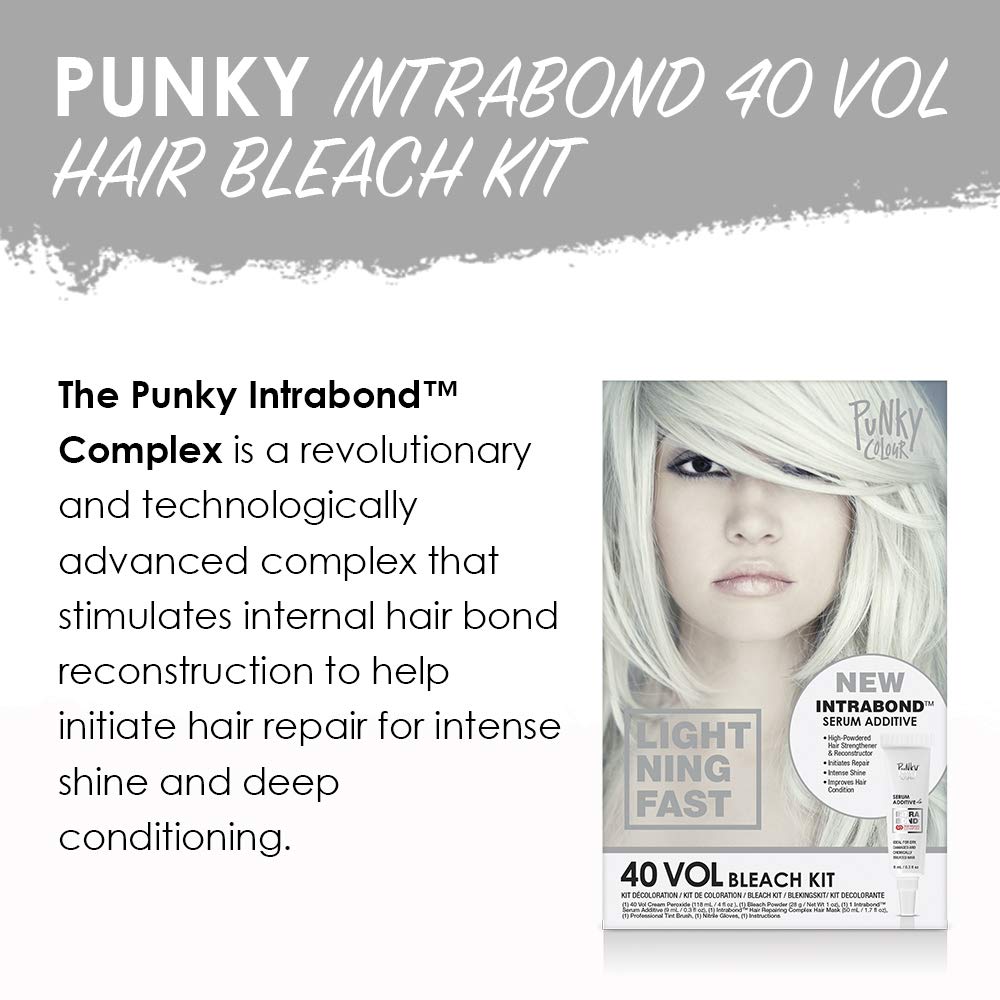Punky Intrabond 40 Vol Bleach Kit 40 Vol developer close-up emphasizes fast lift for quicker results