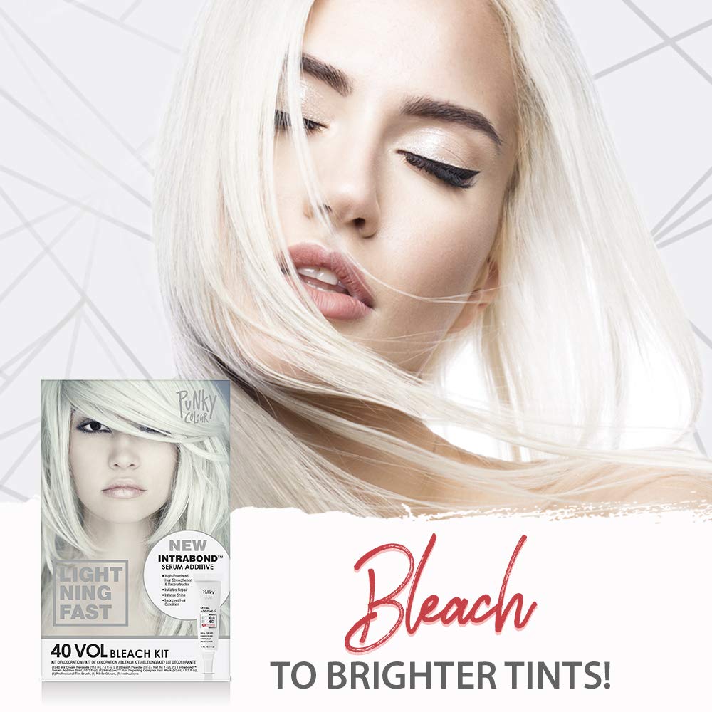 Punky Intrabond 40 Vol Bleach Kit included items image highlights gloves, brush, and developer for DIY lightening