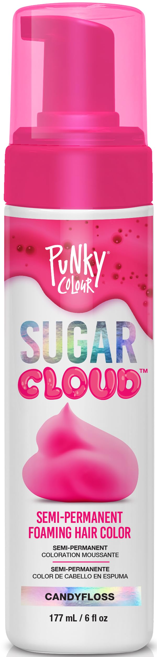 Punky Sugar Cloud CandyFloss foam bottle shows vibrant raspberry pink for at-home color