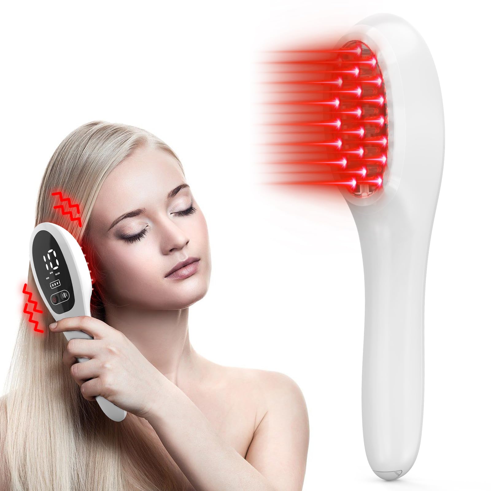 PUPCA Laser Therapy Hair Growth Comb angled view shows portable cordless design for on-the-go use