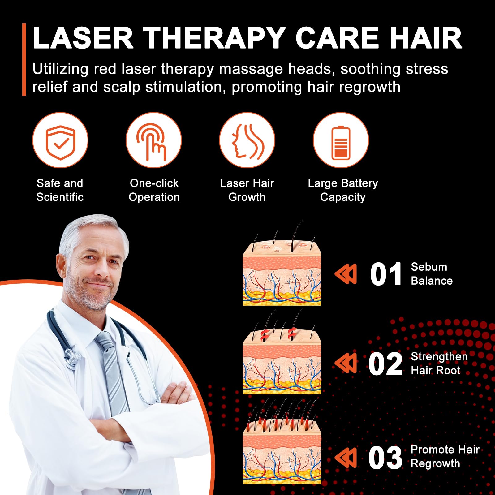 PUPCA Laser Therapy Hair Growth Comb in use on the scalp shows targeted light delivery