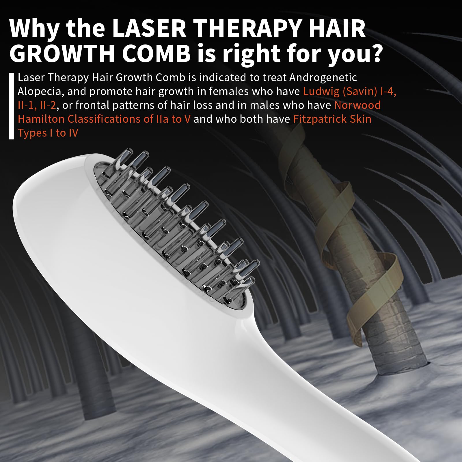 PUPCA Laser Therapy Hair Growth Comb light-spectrum display illustrates red light therapy concept