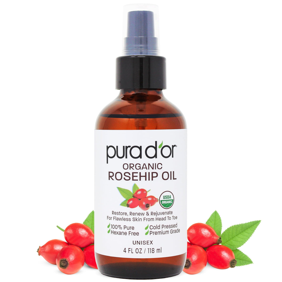 PURA D OR Rosehip Seed Oil bottle pump for mess-free daily use on face and body