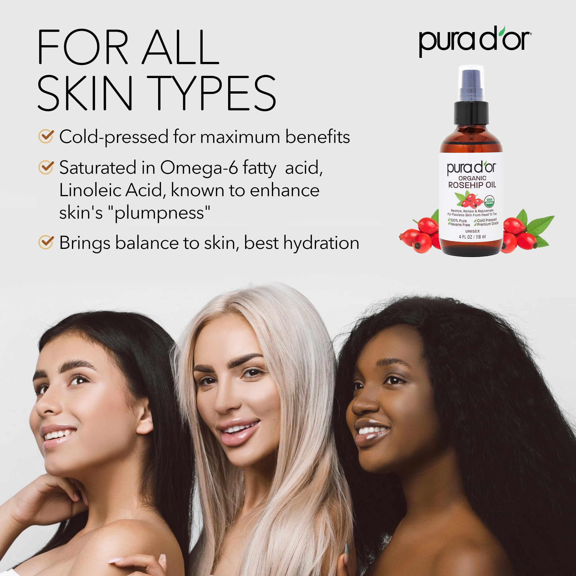 PURA D OR Rosehip Seed Oil used as hair treatment for frizz control and shine