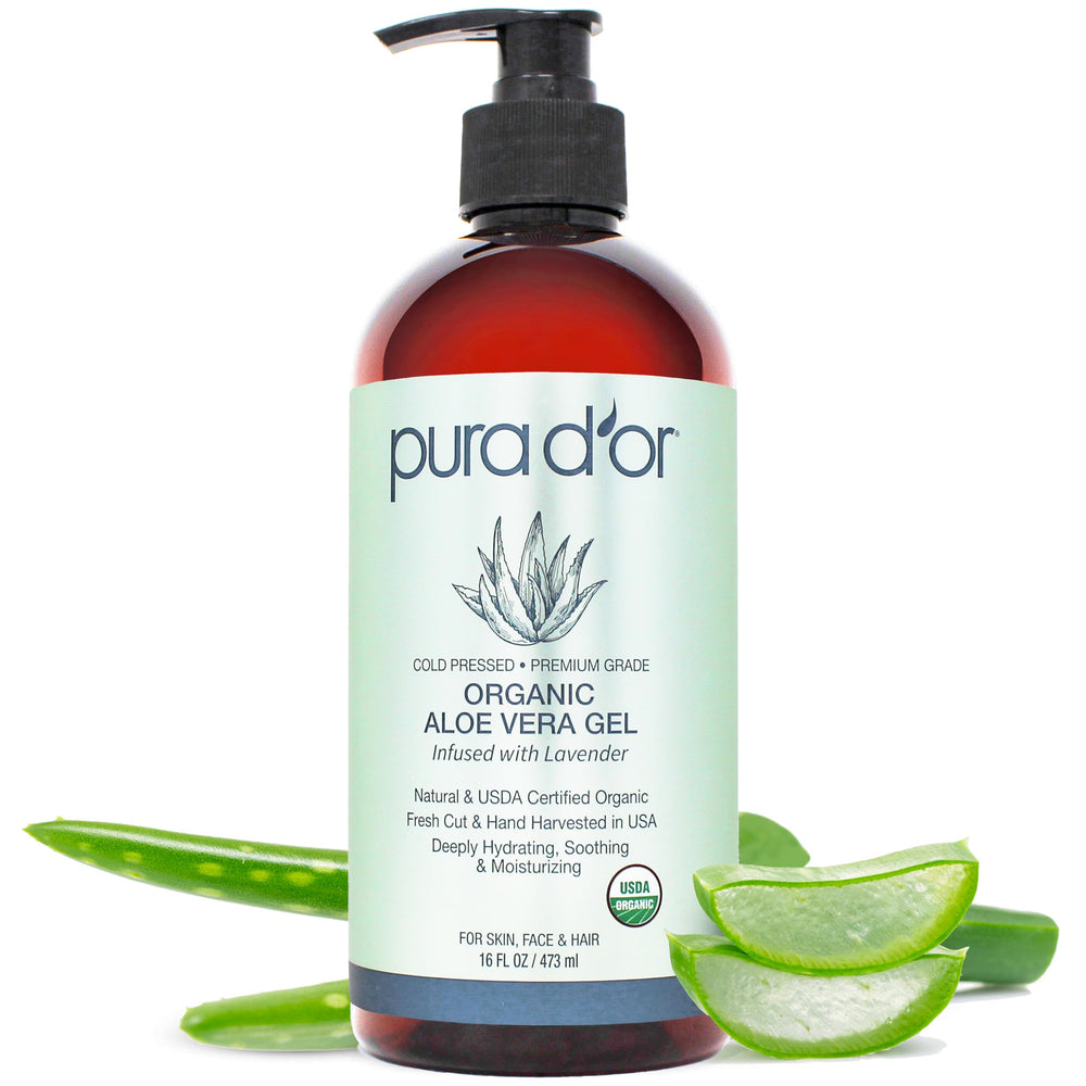 PURA D'OR Aloe Vera Gel lavender bottle delivers deep hydration for skin