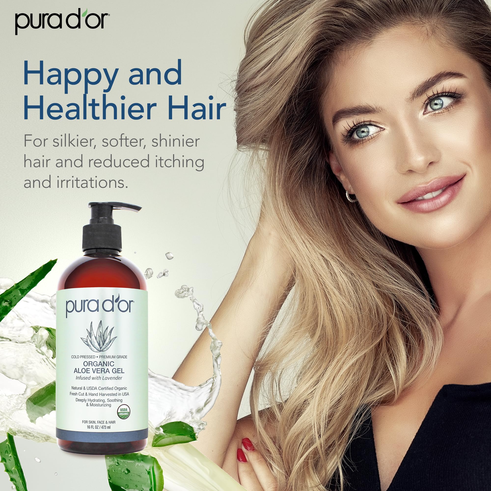 PURA D'OR Aloe Vera Gel label highlights organic, preservative-free formula