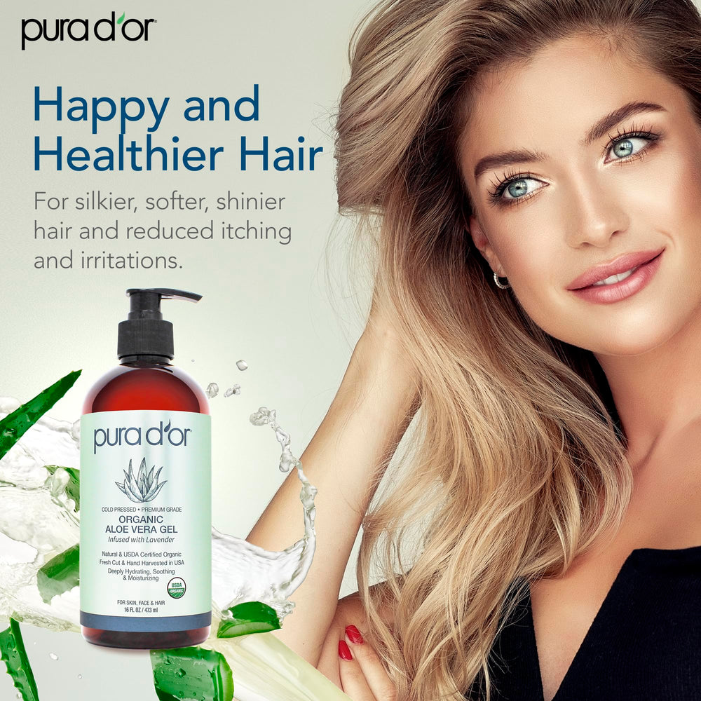 PURA D'OR Aloe Vera Gel label highlights organic, preservative-free formula