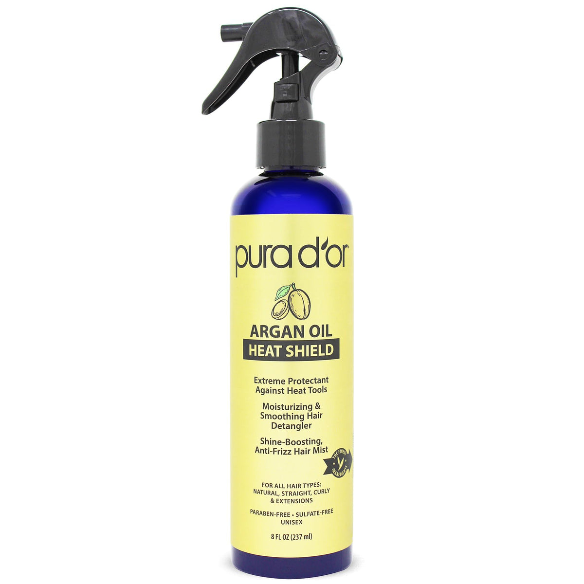 Pura D’or argan oil heat shield bottle front for heat protection up to 450F