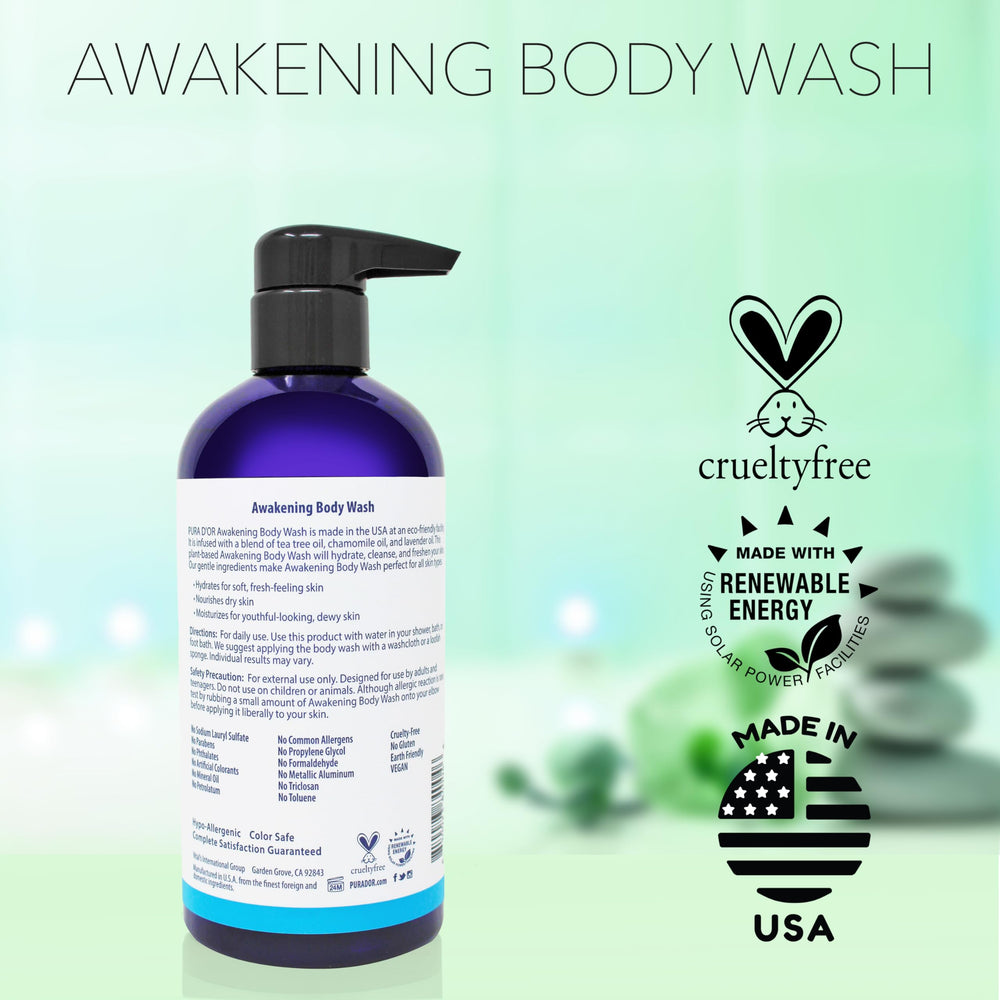 PURA D'OR Awakening Body Wash eco-friendly production signals vegan, cruelty-free care.