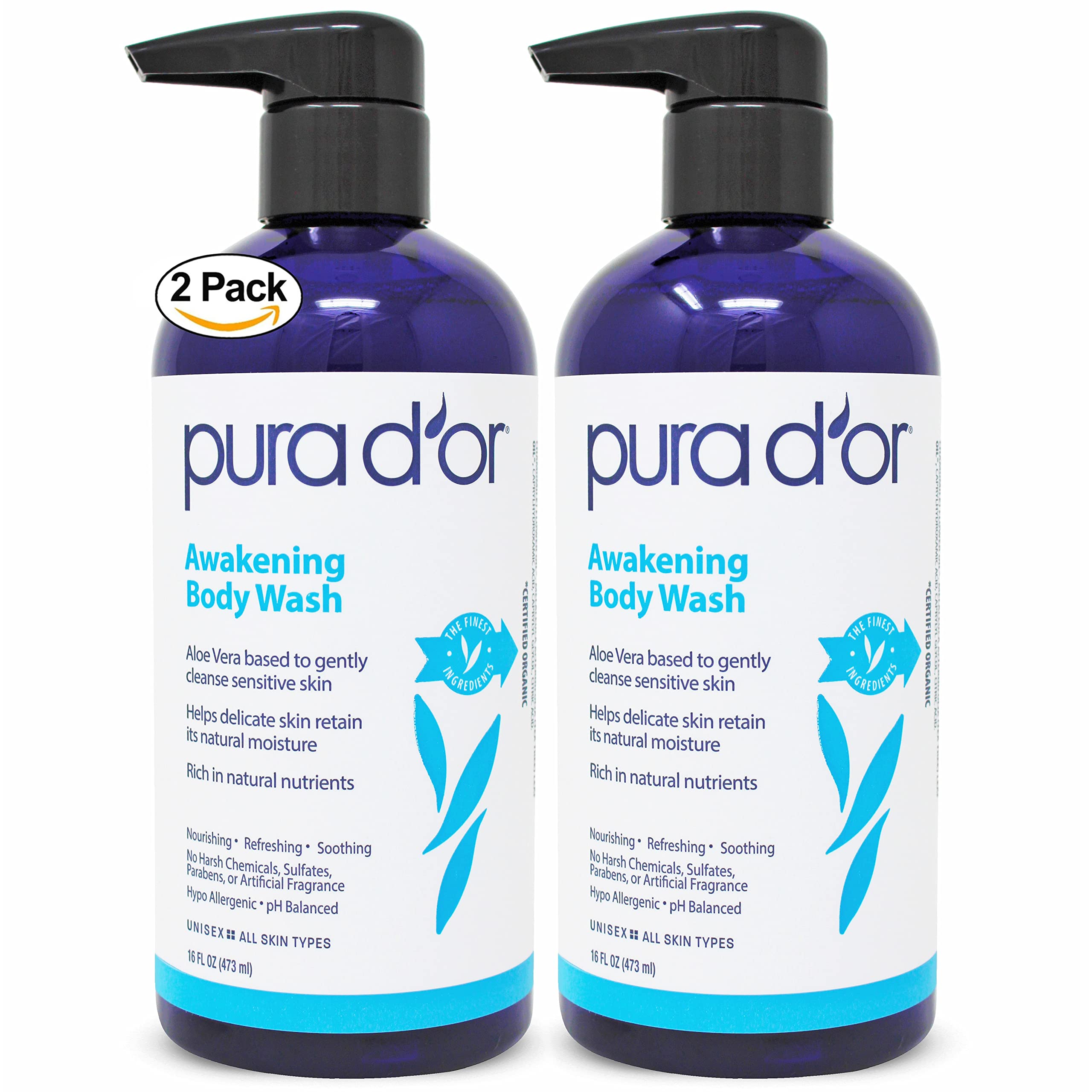 PURA D'OR Awakening Body Wash bottle front showing gentle daily cleanse for all skin types.