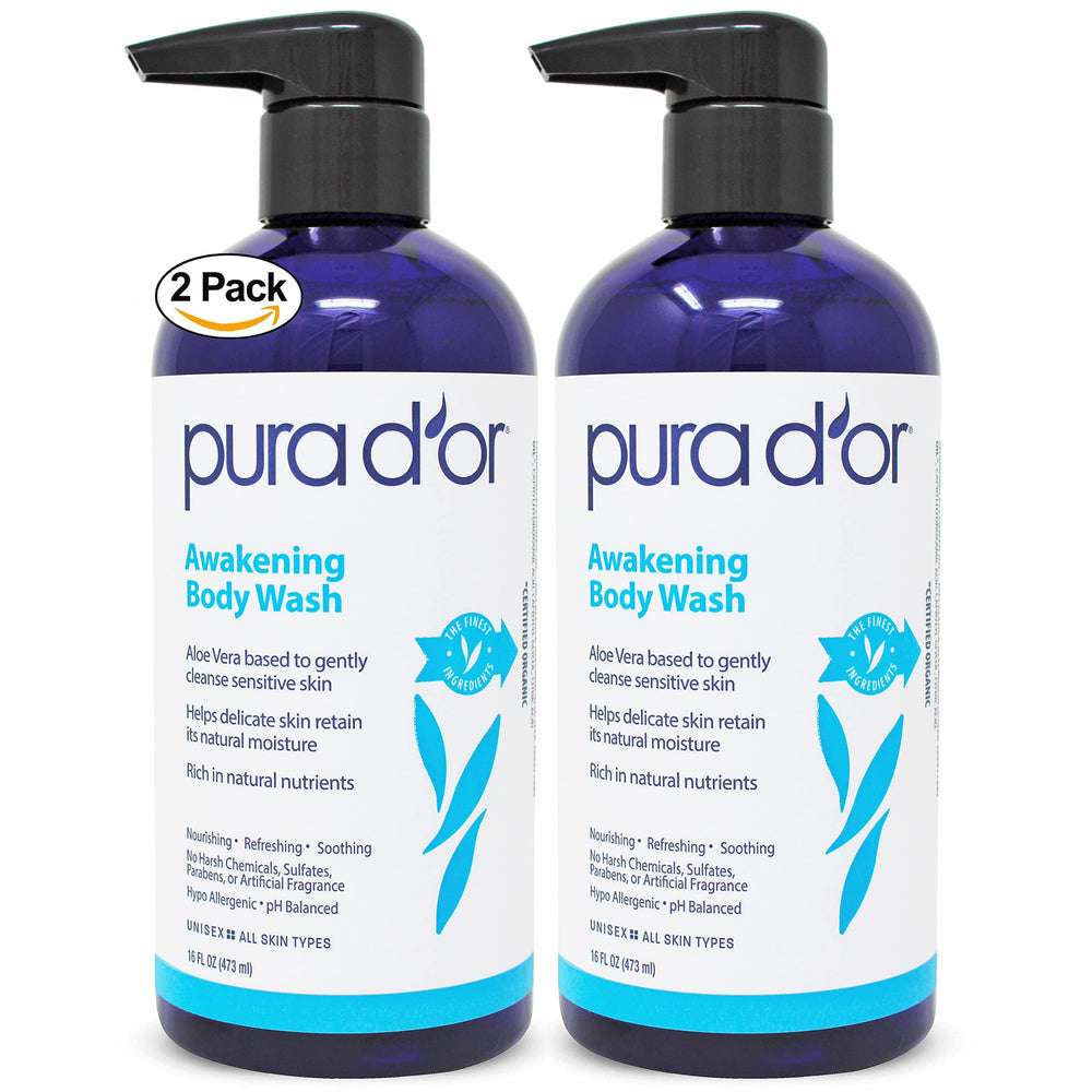 PURA D'OR Awakening Body Wash bottle front showing gentle daily cleanse for all skin types.