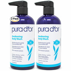 PURA D'OR Awakening Body Wash bottle pour promotes a refreshing cleanse for soft skin.