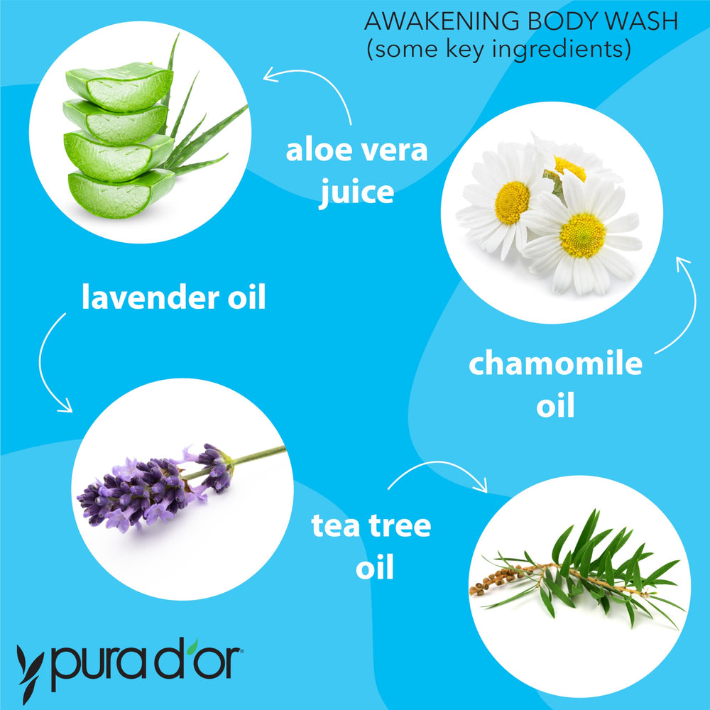 PURA D'OR Awakening Body Wash organic oils blend suggests nourished skin with daily use.