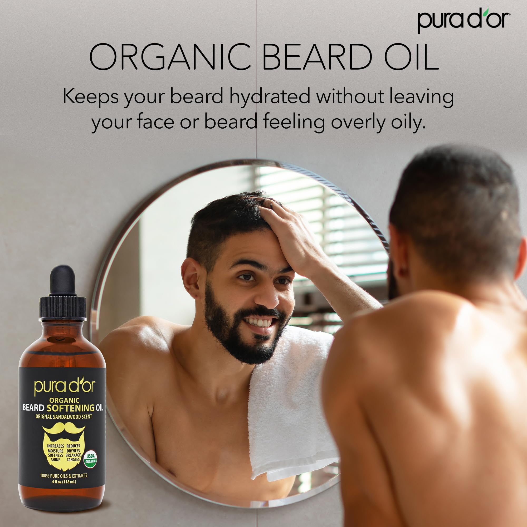 PURA D'OR beard oil night routine aids effortless evening beard care.