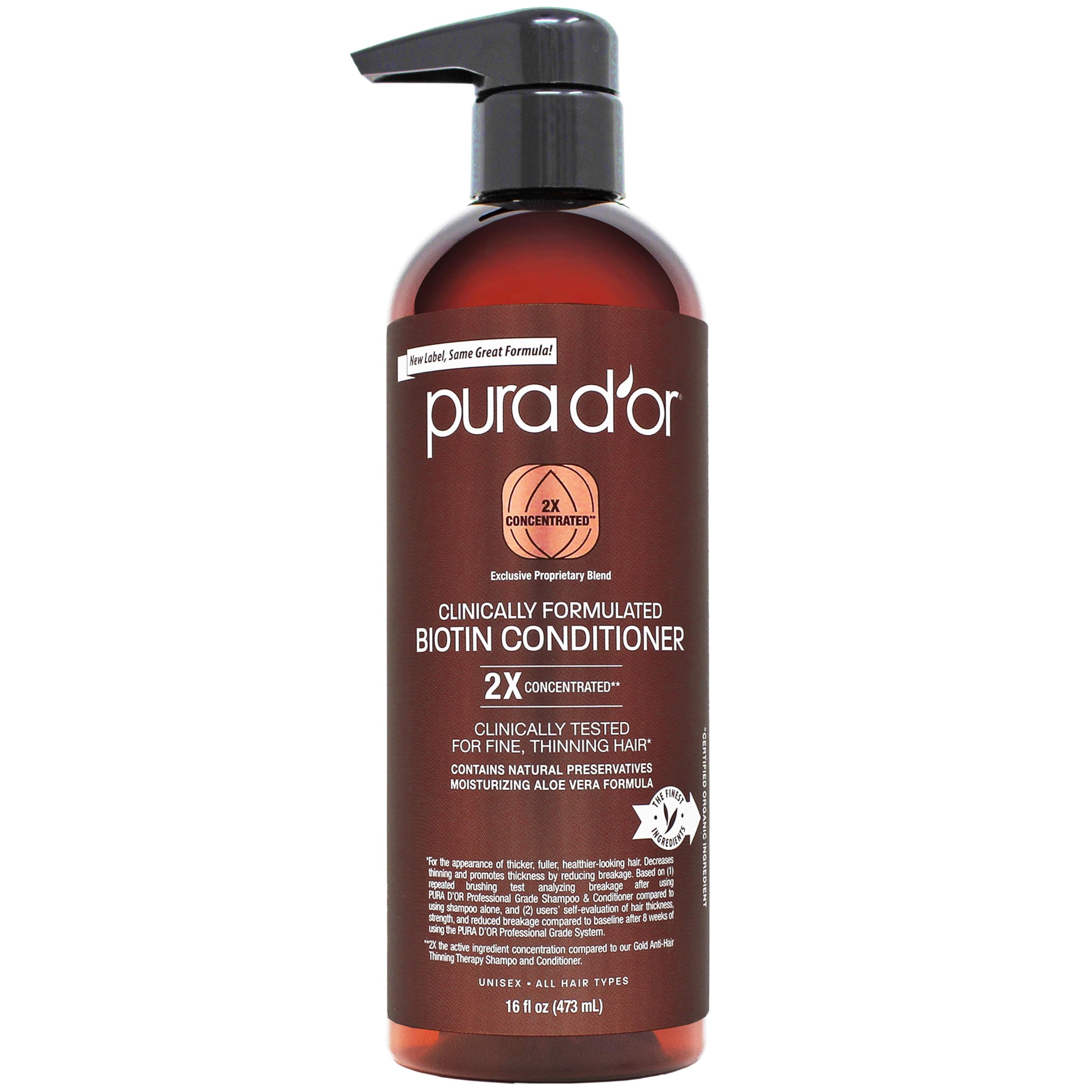 PURA D'OR biotin conditioner bottle pour demonstrates hydrating formula for shinier hair.
