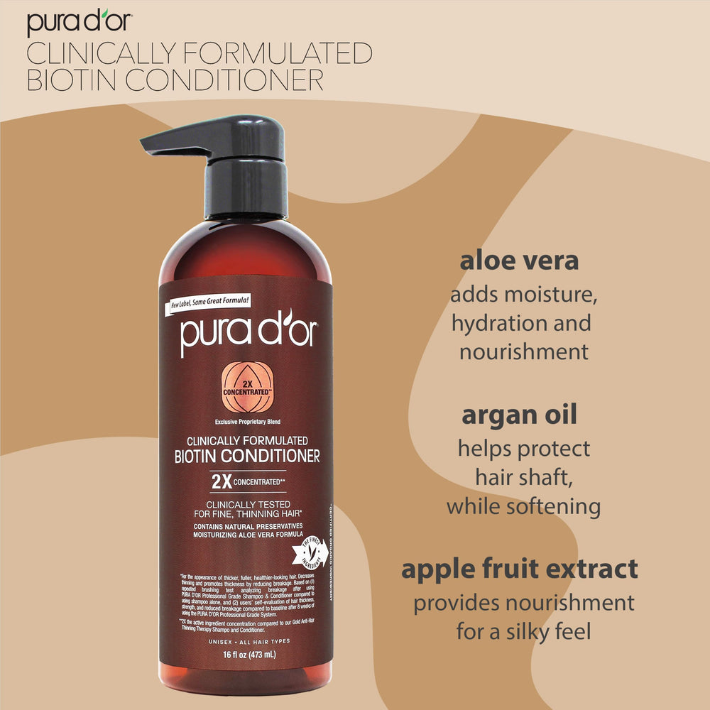 PURA D'OR label closeup highlights organic ingredients for scalp moisture and healthier-looking hair.